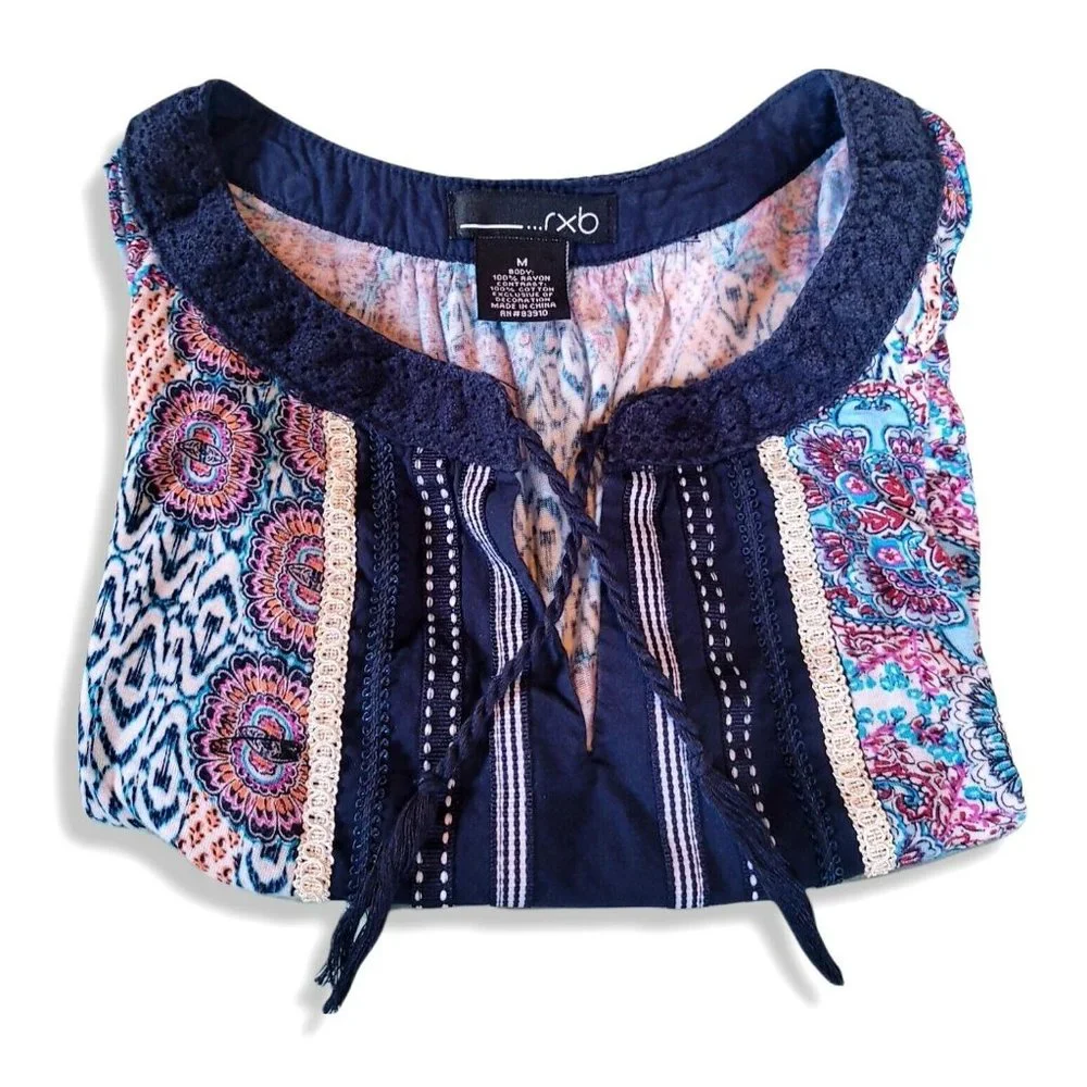 RXB Sleeveless Boho Print Rayon Pullover Tunic Top w/ Tassels Sz M - Picture 7 of 7
